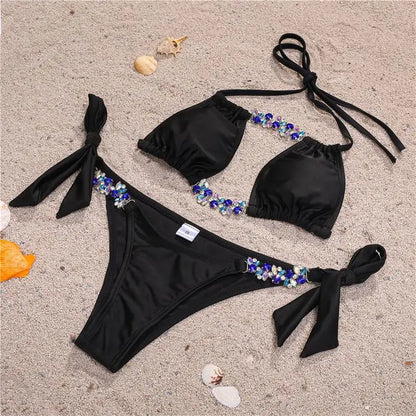 Bikini Leopardato con Strass 2026, Costume da Bagno Donna Scavato, Perizoma Femminile, Set Bikini con Diamanti, Halter