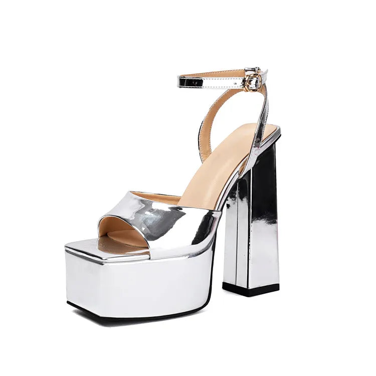 Sandales épaisses à plateforme pour femmes à bout carré en cuir verni, talons épais et hauts, brides de cheville, chaussures d'été à imprimé léopard, couleurs personnalisées