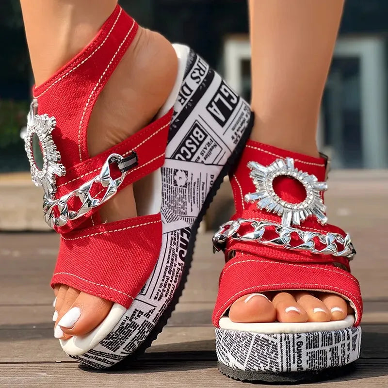 Sandales compensées à paillettes 2026 NEW KJ Summer - Nouveau style - Vêtements d'extérieur avec boucle de ceinture - Chaussures pour femmes