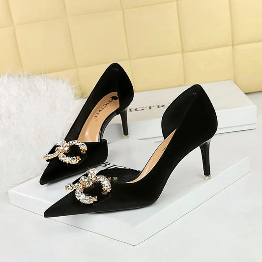 Banquet High Heels Women's Shoes Shallow Mouth Pointed Side Hollowed Out Rhinestone Pearl Bow Sandals