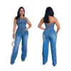Women's Strapless Halter Loose-Fitting Denim Jumpsuit Spring Casual Solid Knitted Tights for Outings Straight Wide Leg Design