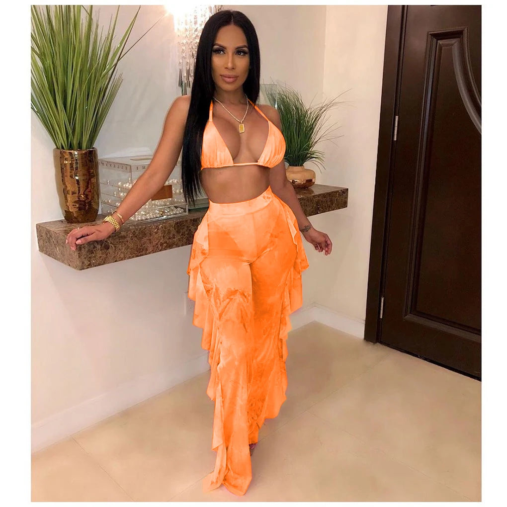Summer Night Club Bikini Halter Sexy Swimsuits for Women 2Pcs Sheer Sexy 2025 Women Long Pant Bathing Suits