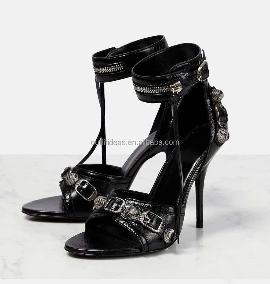 Top Quality Studded Decorative Buckle Tasseled Zip Designs Calf Leather Ankle Strap Cagole Embellished 110mm Leather Sandals