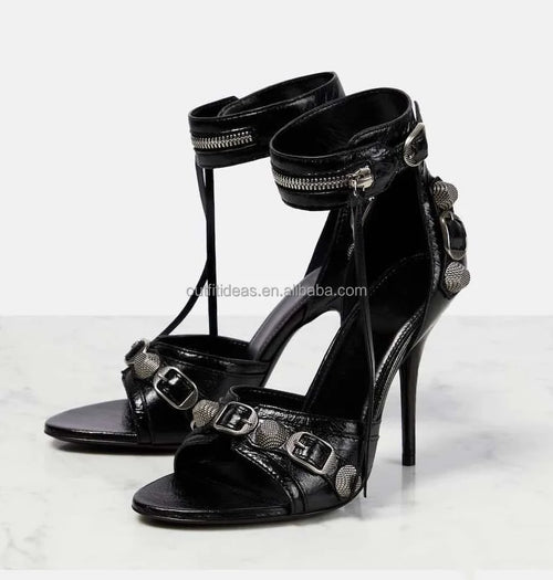 Top Quality Studded Decorative Buckle Tasseled Zip Designs Calf Leather Ankle Strap Cagole Embellished 110mm Leather Sandals