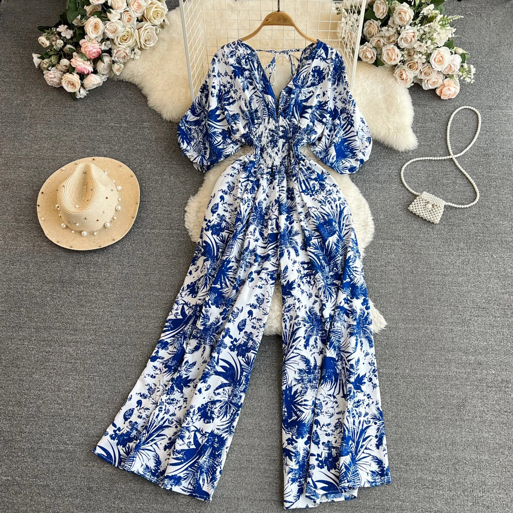 Boutique Großhandel 2025 Sommer Neu Modisch V-Ausschnitt Lässig Hohe Taille Schlankmachend Bedruckter Gerader Overall für Damen