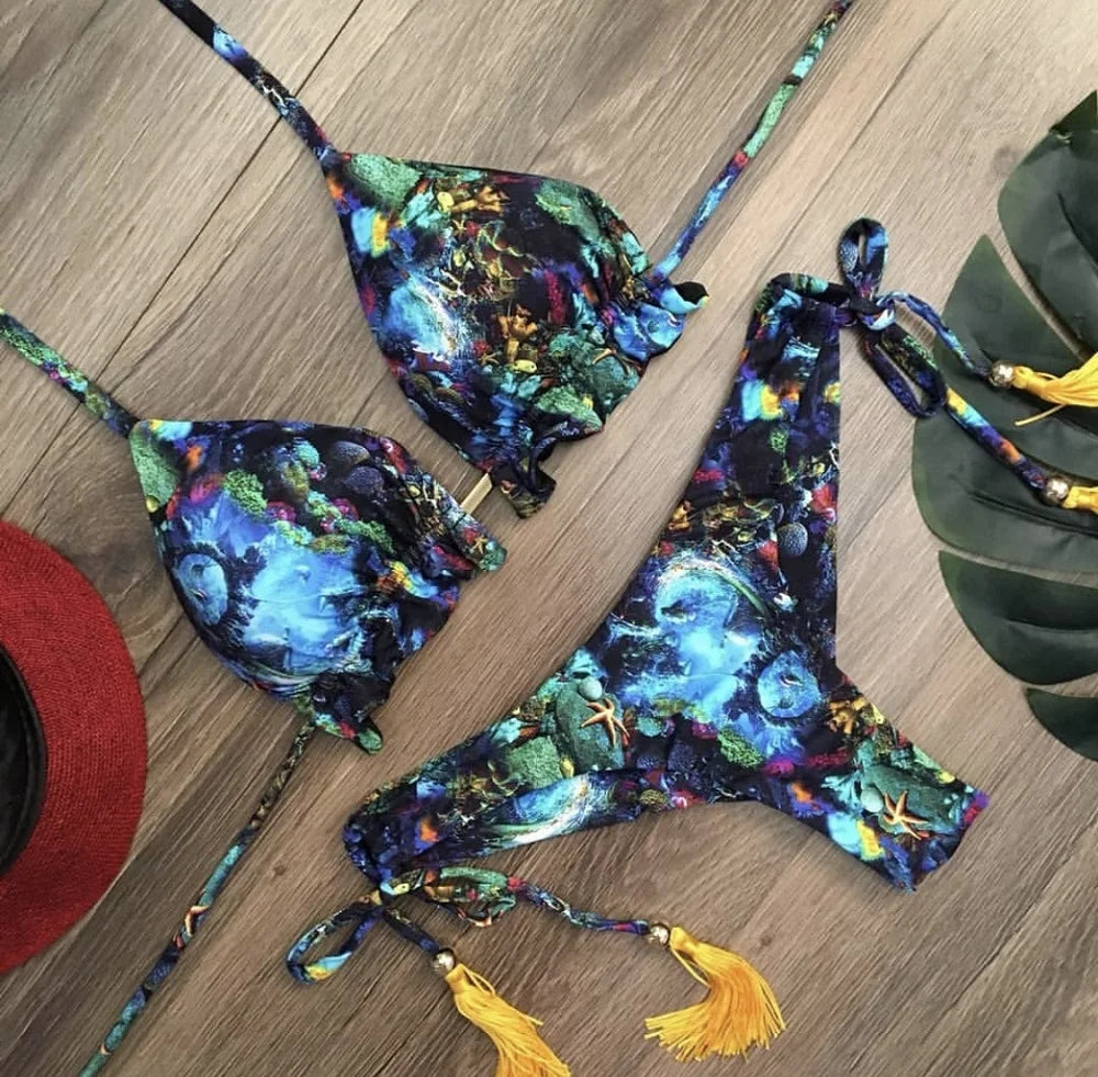 RUOTONGSEPT Sexy Micro Bikinis Set 2024 New Swimsuit Women Feather Print Bandage Swimwear Female Bathing Suit Brazilian Biquinis