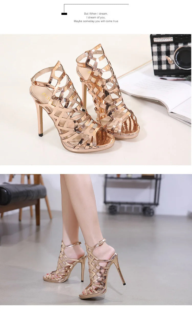2025 Classic Comfortable High Heel Women's Summer Sandals Hollow Metal Street Shot Long-Term in Stock Open Back Counter Type
