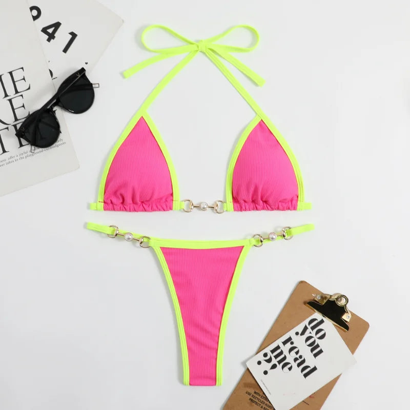 2025 New Push-Up Floral Solid Thongs 2-Piece Set V-Neck Rib Binding Trim Halter Bikini Spandex/Nylon Breathable Quick-Dry Sexy