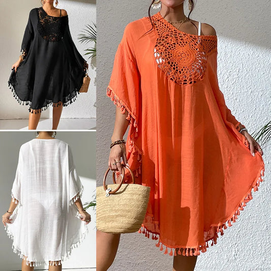 2024 Factory New Summer Women Bikini Cover up Tassel Handmade Crochet Tunic Loose Beach Blouse Dress Swimwear Beach Cover Ups
