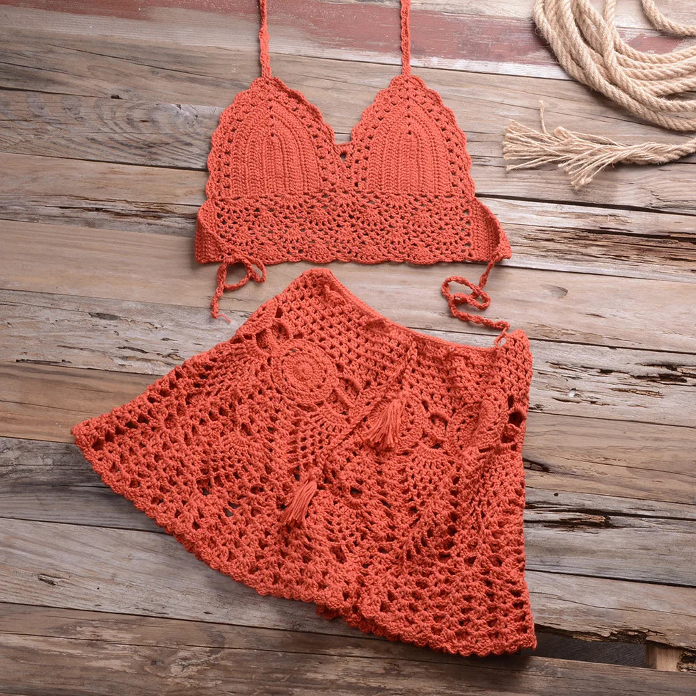 Custom Crochet Swimwear Women's Halter Top Tie Side Swimsuits 2 Piece Beachwear Set Beach Cover up Crochet Bikini