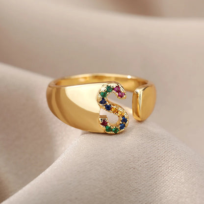 Anelli con lettera zircone arcobaleno per le donne Moda grosso lettera larga AZ anello in acciaio inossidabile matrimonio gioielli Boho spedizione gratuita