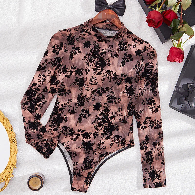 Combinaison noire rétro automne Y2k à manches longues ajourées en maille transparente avec broderie sexy en dentelle pour femme