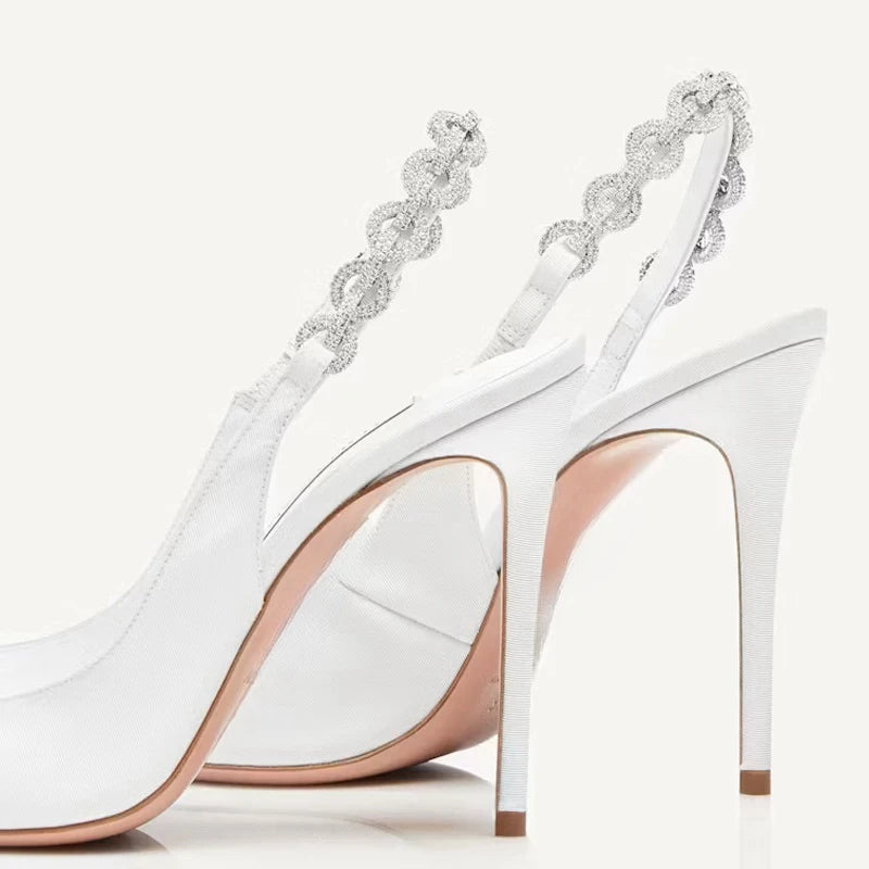 Grandes Chaussures Femme Sandales à Talons Hauts Taille 45 Bout Pointu Chaîne Strass Sangle Arrière Grandes Pointures Stiletto Slingback