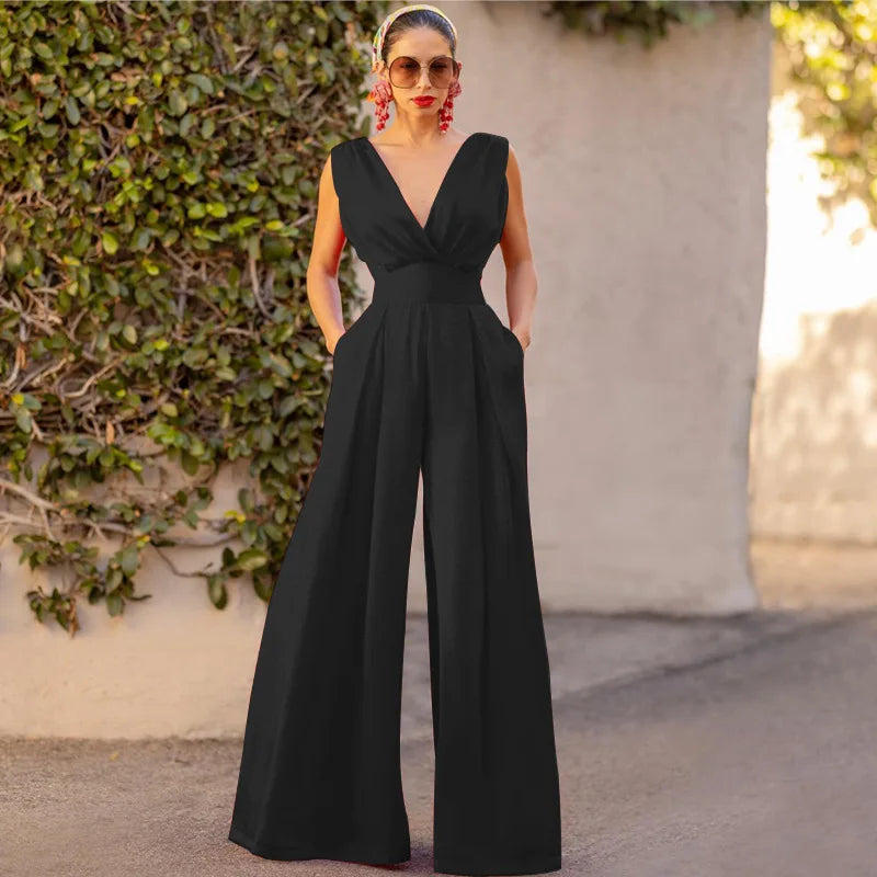 Combinaison pantalon longue à jambes larges et col en V pour femme, taille haute, sans manches, couleur unie, pour le bureau, printemps été