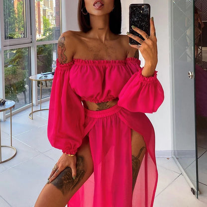 Summer Women Bikini Cover Ups Solid Color Long Sleeve Off Shoulder Tops High Waist Split Skirts 2pcs Swimsuit Bathing Suit