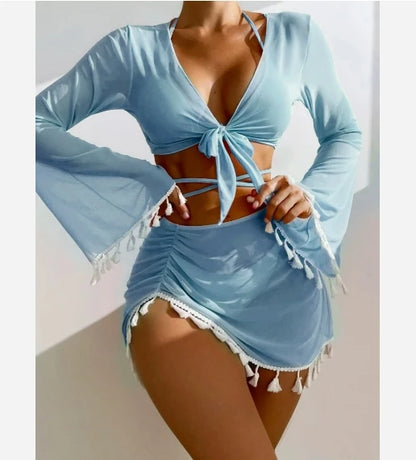 Women's Summer Casual Sexy Tassel Mesh Short Skirt New Style Four Piece Bikini Beachwear Set Solid Color