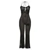 Peeqi W24Q62145 Nouveau Combinaison Tricotée Sexy Femme Été Printemps Col Halter Sans Manches Évidé Patte d'Éléphant en Laine Combinaison pour Femme