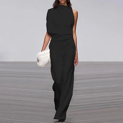 S-3XL New European Solid Shoulder Stacked Neck Jumpsuit Dress Pants