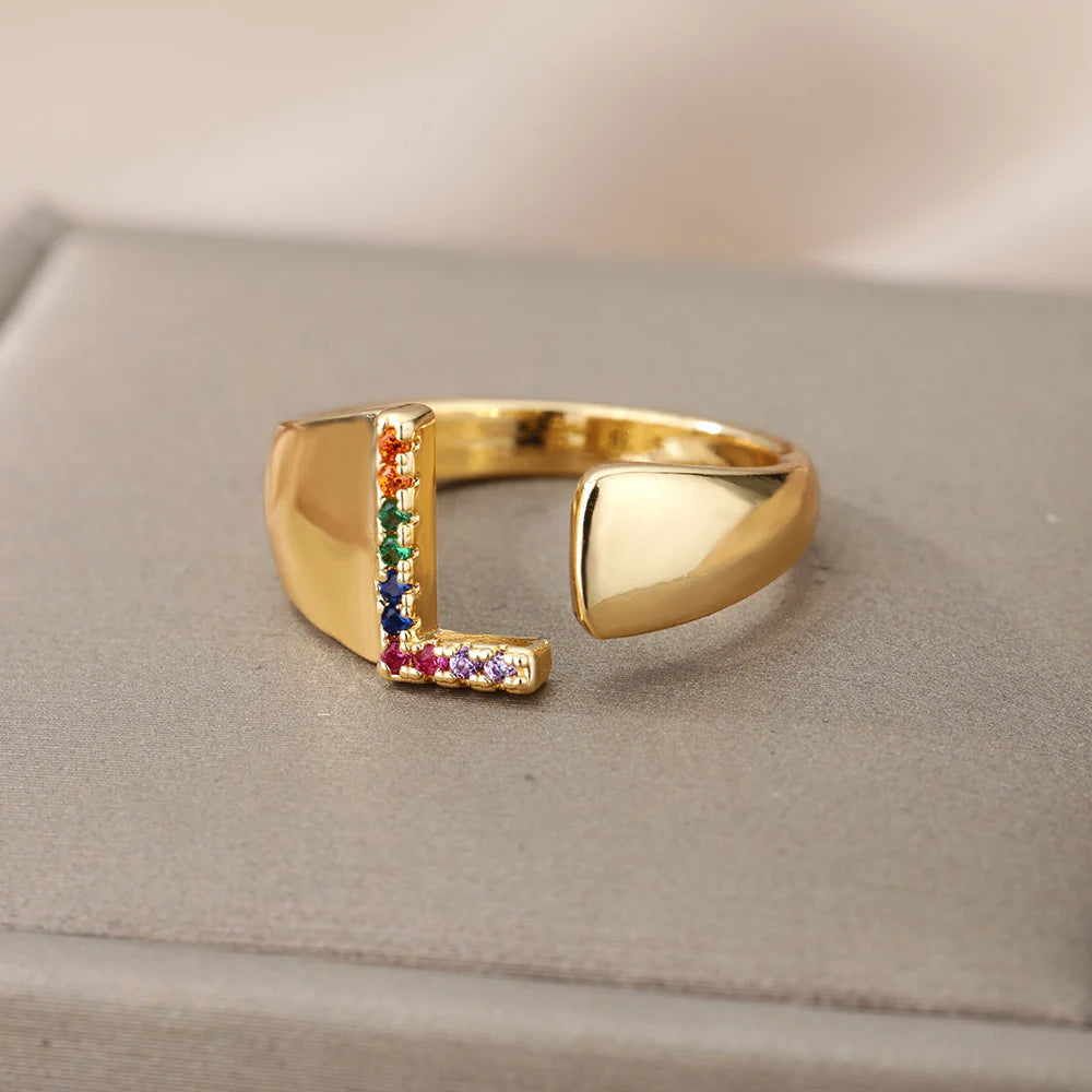 Anelli con lettera zircone arcobaleno per le donne Moda grosso lettera larga AZ anello in acciaio inossidabile matrimonio gioielli Boho spedizione gratuita