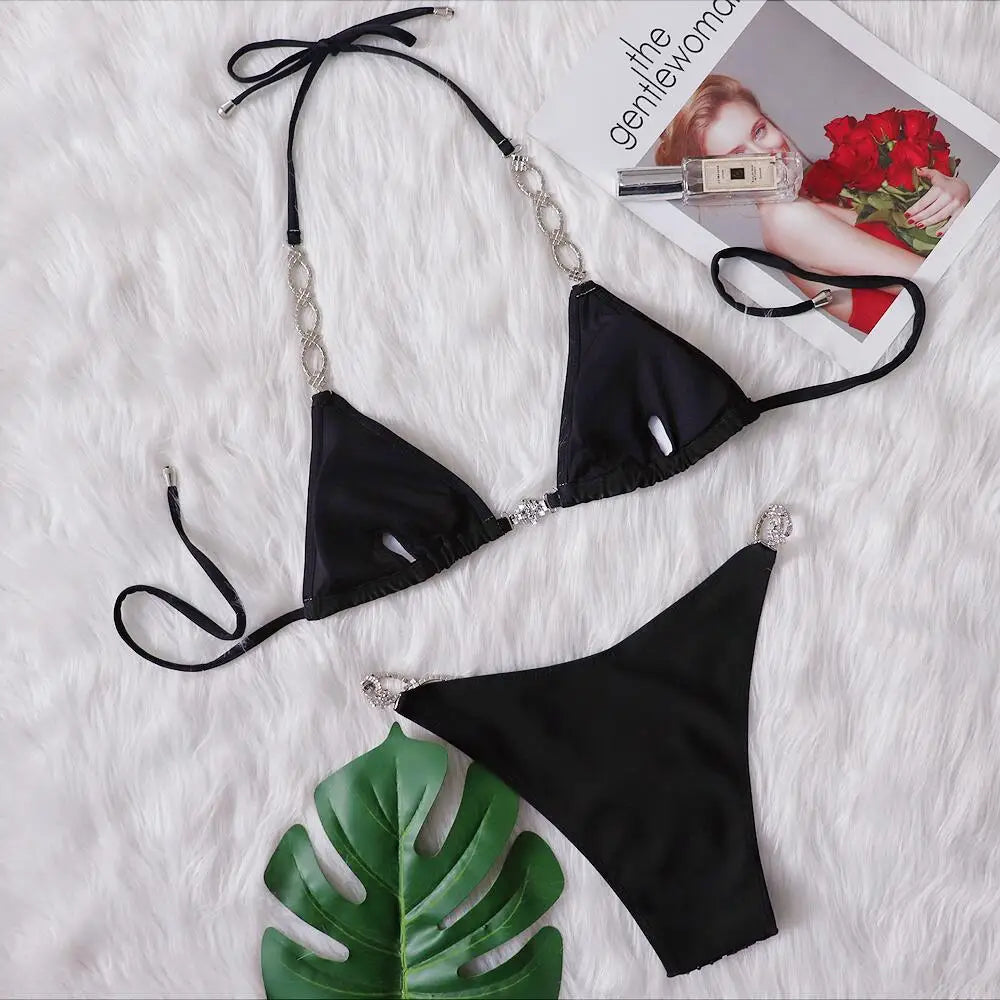 2022 INS Hot Handgemachte Accessoires Bademode Damen Sexy Bandage Bikini Unifarben Schwarz Zweiteiliger Badeanzug