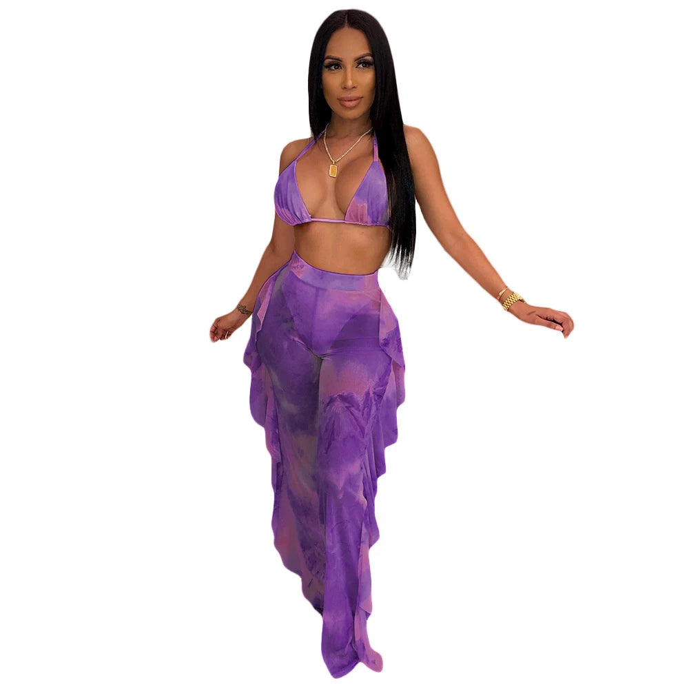 Prix usine en gros Nouveau maillot de bain d'été sexy pour femme avec bikini à volants, pantalon long ample, soutien-gorge à fines bretelles et ensemble deux pièces