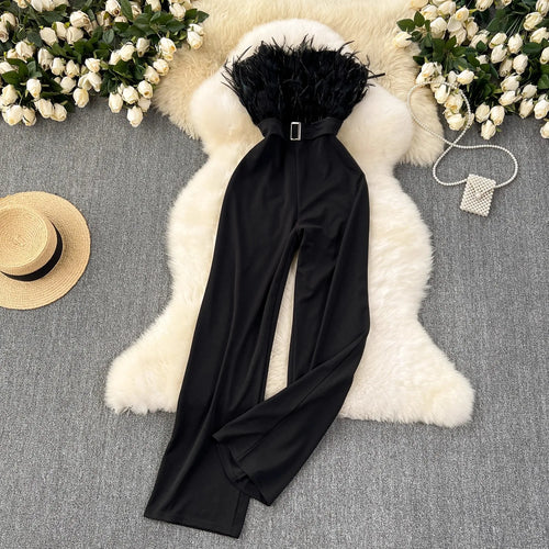 Summer Fashion Strapless Jumpsuit with Feather Patchwork and High Waist Breathable Casual Belt for Going Out