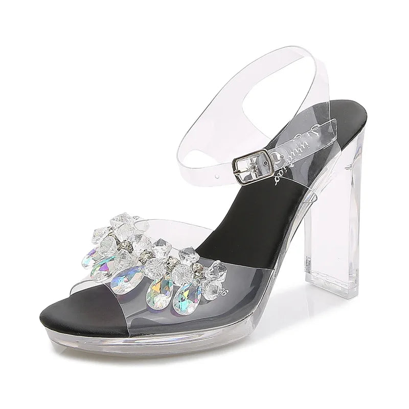 Fashion Women's Summer Open Toe PU Dress Sandals 11CM Black High Heels Waterproof Platform Flat Heeled Sexy Height Increasing