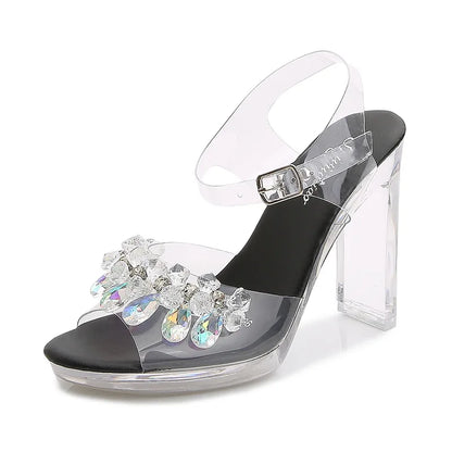 Fashion Women's Summer Open Toe PU Dress Sandals 11CM Black High Heels Waterproof Platform Flat Heeled Sexy Height Increasing