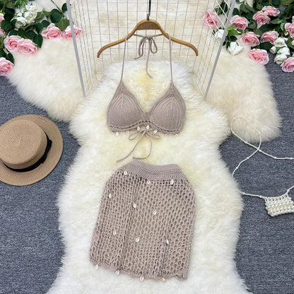 Damen Sommer Bademode Strand Sonnenbaden Muschel Bikini Set Stilvolle einfarbige Neckholder Hohler Strickrock