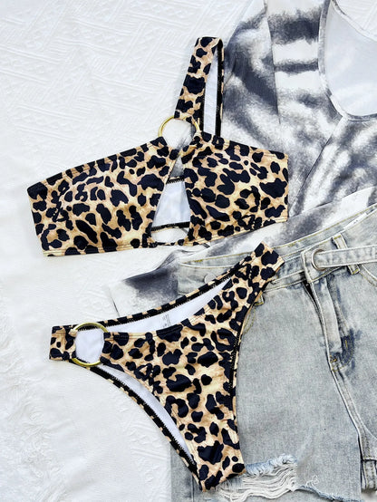 2023 One Shoulder Leopard Print Bikini Hollow Out Swimwear Beach Suit