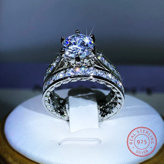 Bagues de fiançailles de luxe en argent 925 pour femmes, 2 pièces/ensemble, zircon brillant, design original, bicolore, élégant, bijoux féminins, anneaux, livraison directe
