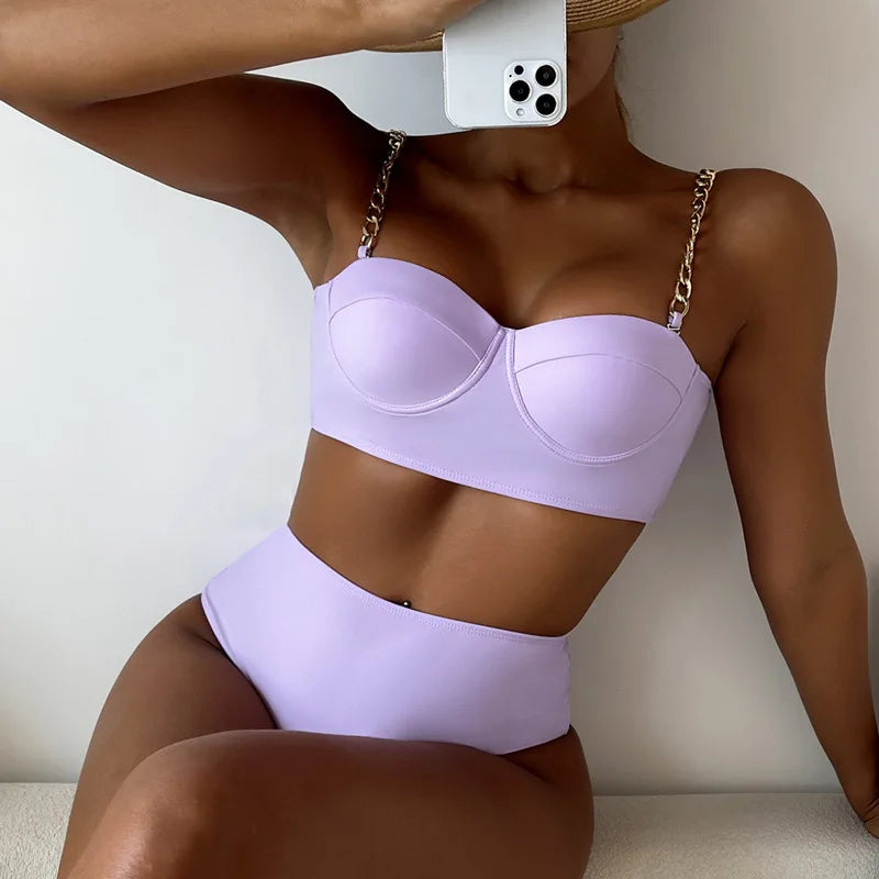 High Quality Women High Waist Swimsuit Mental Strap Mold Cup Push up Plus Size 5XL Bikini Solid Color