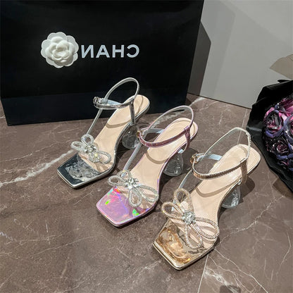 2025 Women's Fashion Rhinestone Bowknot High Wine Glass Sandals Pointed Toe Breathable  for Summer Autumn Wedding Parties