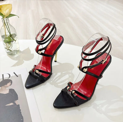 2025 New Rivet Buckle Metal Lace up Fashion Pointed Toe Sexy Sandals High Heels