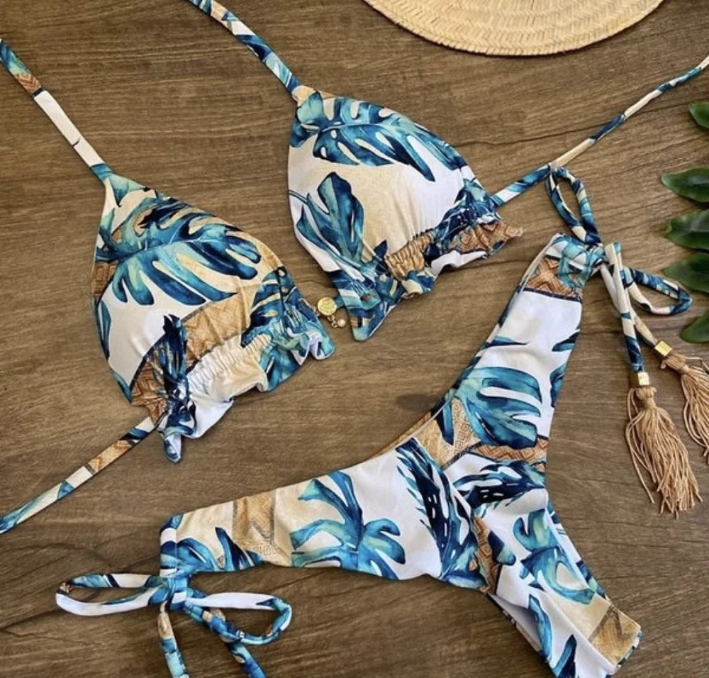 RUOTONGSEPT Sexy Micro Bikinis Set 2024 New Swimsuit Women Feather Print Bandage Swimwear Female Bathing Suit Brazilian Biquinis