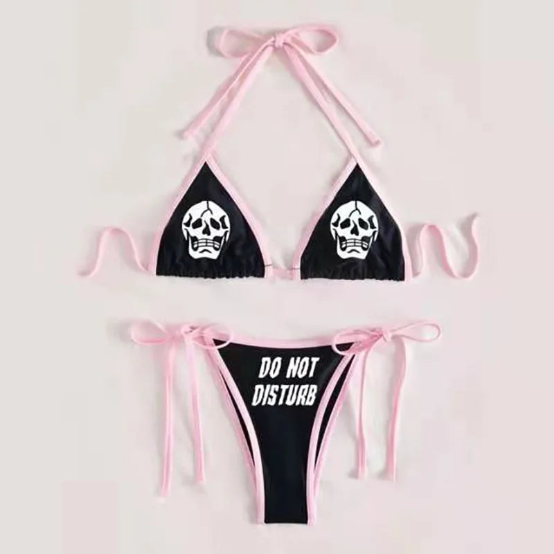 Ensemble bikini imprimé lettres gothiques punk, maillot de bain sexy 2023 pour femmes, motif tête de mort, col en V, maillot de bain tendance