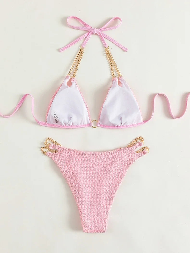 2025 Neuer Chain Split Badeanzug Damen Sexy Mirco Bikini Sets Aushöhlen Bademode Schnürung Badeanzug Brasilianische Strandbekleidung Biquini