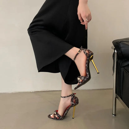 Lady's Fashion Trend Stiletto Ankle Buckles Heels 11CM Leopard Metal Heel Sandals with Open Toe Summer Straight Strap Shoes