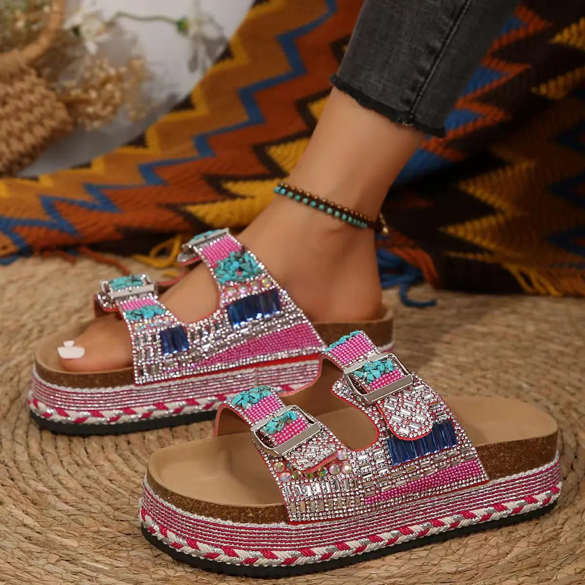 New Summer Flat Sandals Thick Bottom Hemp Rope Double Button Water Diamond Cork Beach Slippers Large Women's Slippers