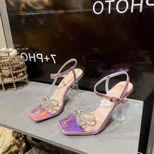 2025 Women's Fashion Rhinestone Bowknot High Wine Glass Sandals Pointed Toe Breathable  for Summer Autumn Wedding Parties