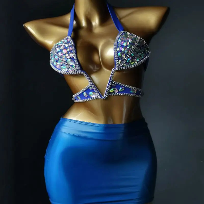 Damen Sexy Body Chain Kristall Diamant Bikini Strand Luxus Bademode Schmuck Crop Top BH für Nachtclub High Cut Bikini Set