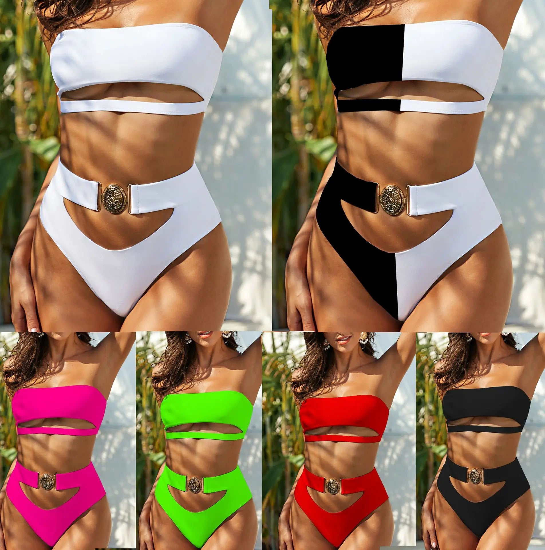 Individuelle Damenbekleidung Sommer Bikini Einfarbig Bademode Ausgeschnitten Hohe Taille Damen Sexy Strandbademode Bikini-Set Bademode