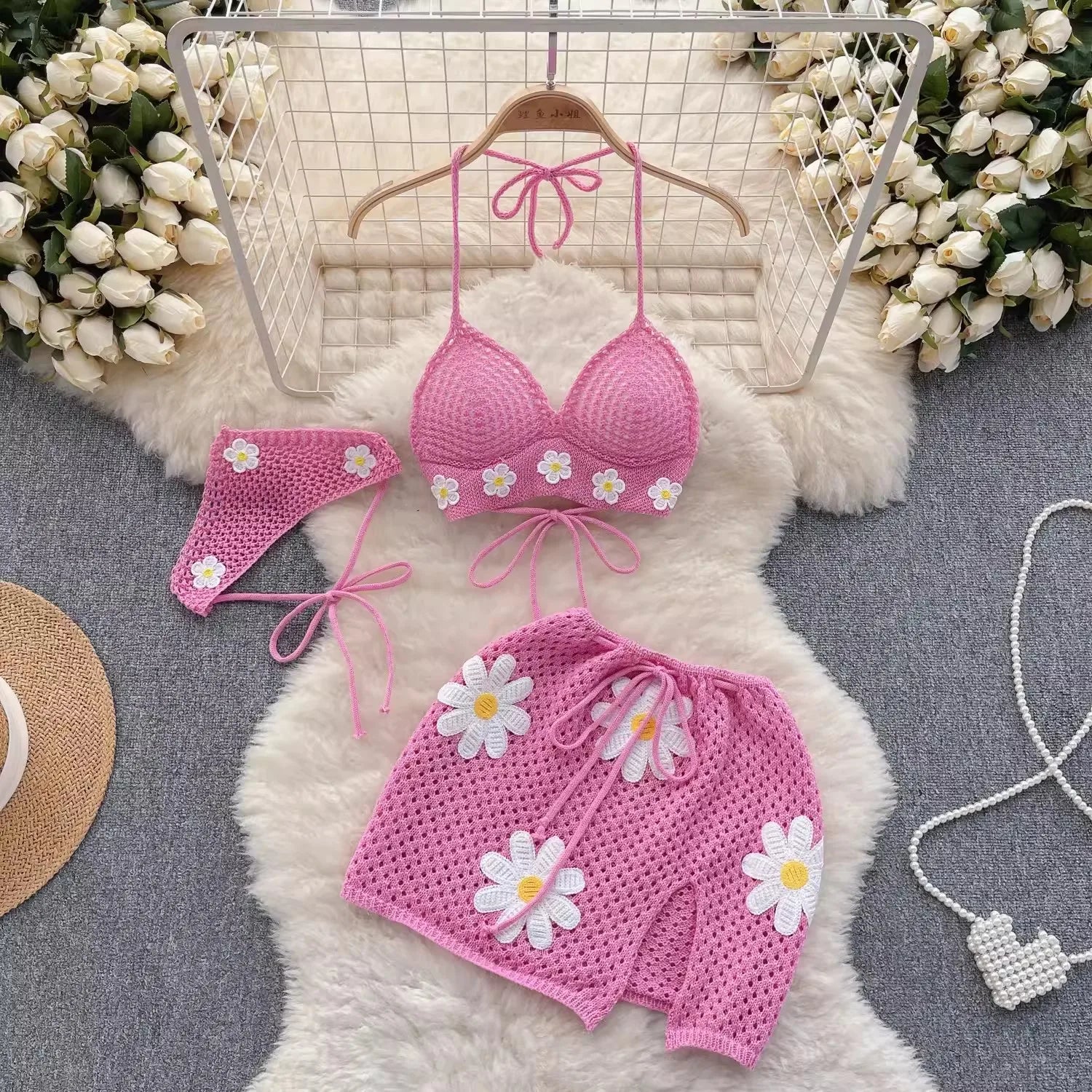 Bikini dreiteilig Set gestricktes Träger-Set Strand Resort Style Strickträger Bikini