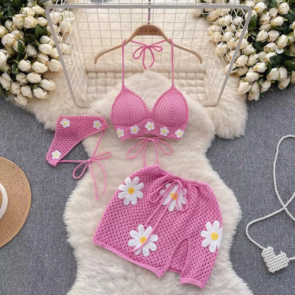 Bikini Three Piece Set Knitted Strap Set Beach Resort Style Knit Strap Bikini