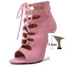 Chaussures latines roses à bout ouvert en daim, bottes de danse, Salsa, Tango, performance, pratique, chaussures de danse de salon, chaussures de jazz à la cheville pour femmes