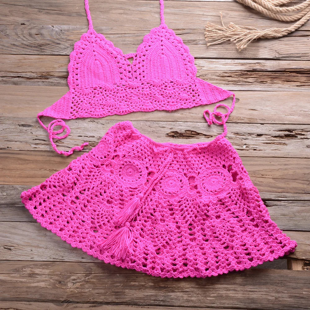 Custom Crochet Swimwear Women's Halter Top Tie Side Swimsuits 2 Piece Beachwear Set Beach Cover up Crochet Bikini