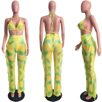 Prix usine en gros Nouveau maillot de bain d'été sexy pour femme avec bikini à volants, pantalon long ample, soutien-gorge à fines bretelles et ensemble deux pièces
