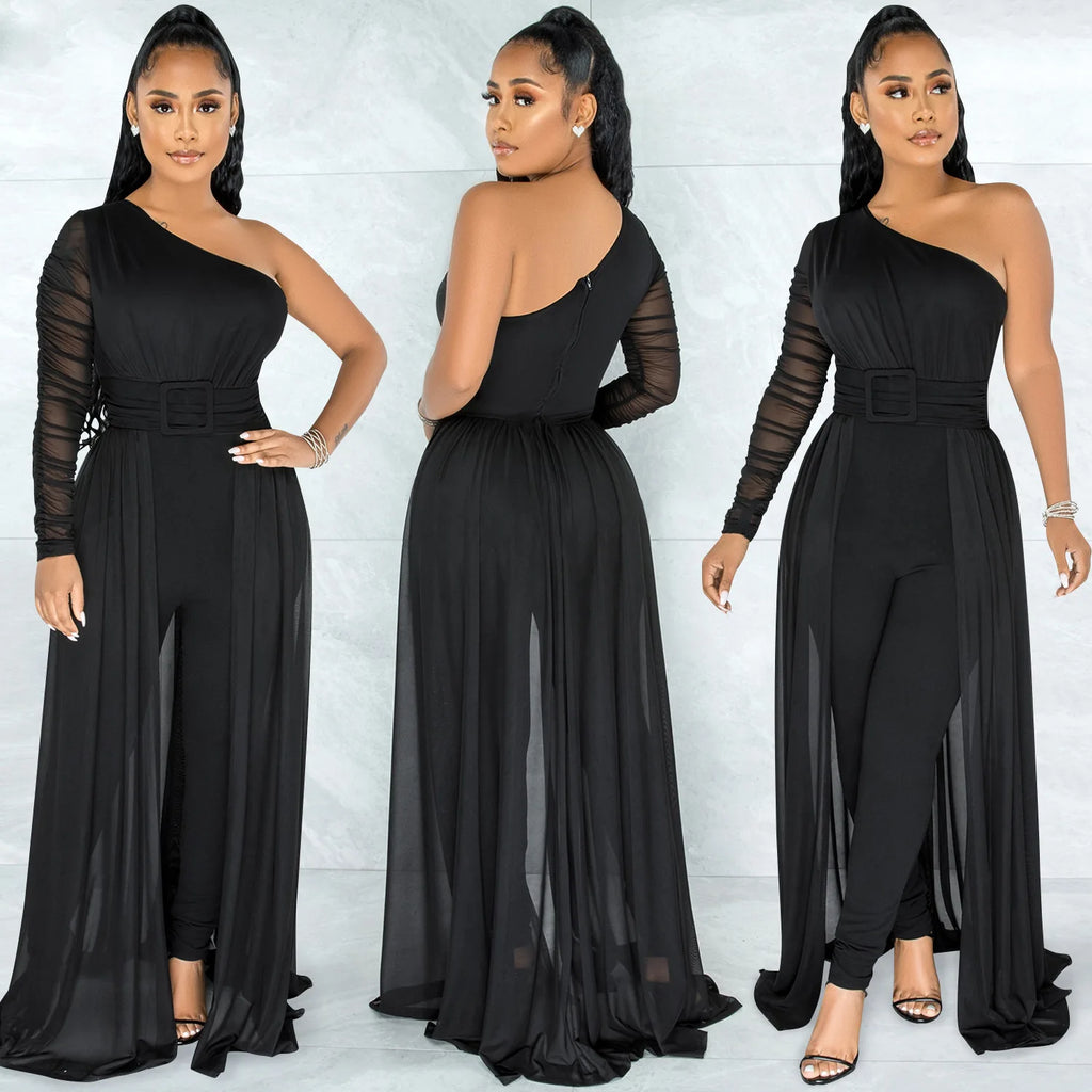 Hot Selling Women's Sexy One-Shoulder Satin Jumpsuit with Long Pants Breathable Mesh for Parties