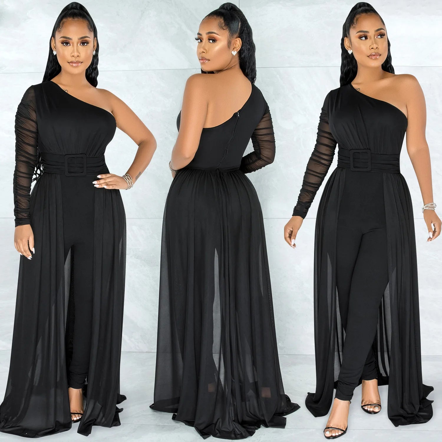 Hot Selling Women's Sexy One-Shoulder Satin Jumpsuit with Long Pants Breathable Mesh for Parties