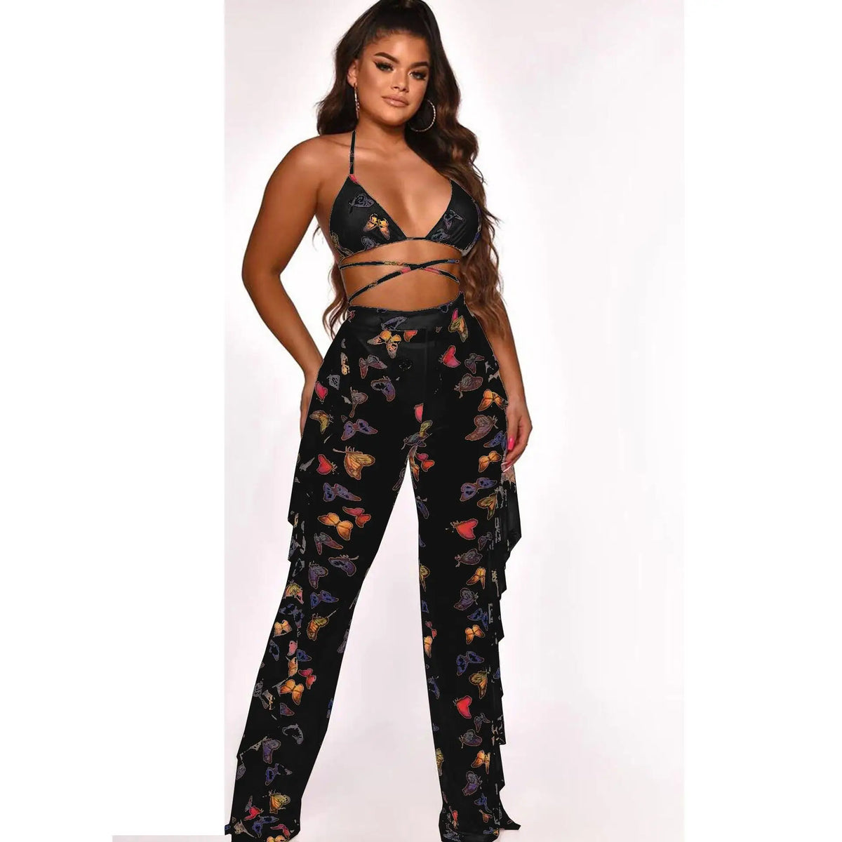 Summer Night Club Bikini Halter Sexy Swimsuits for Women 2Pcs Sheer Sexy 2025 Women Long Pant Bathing Suits